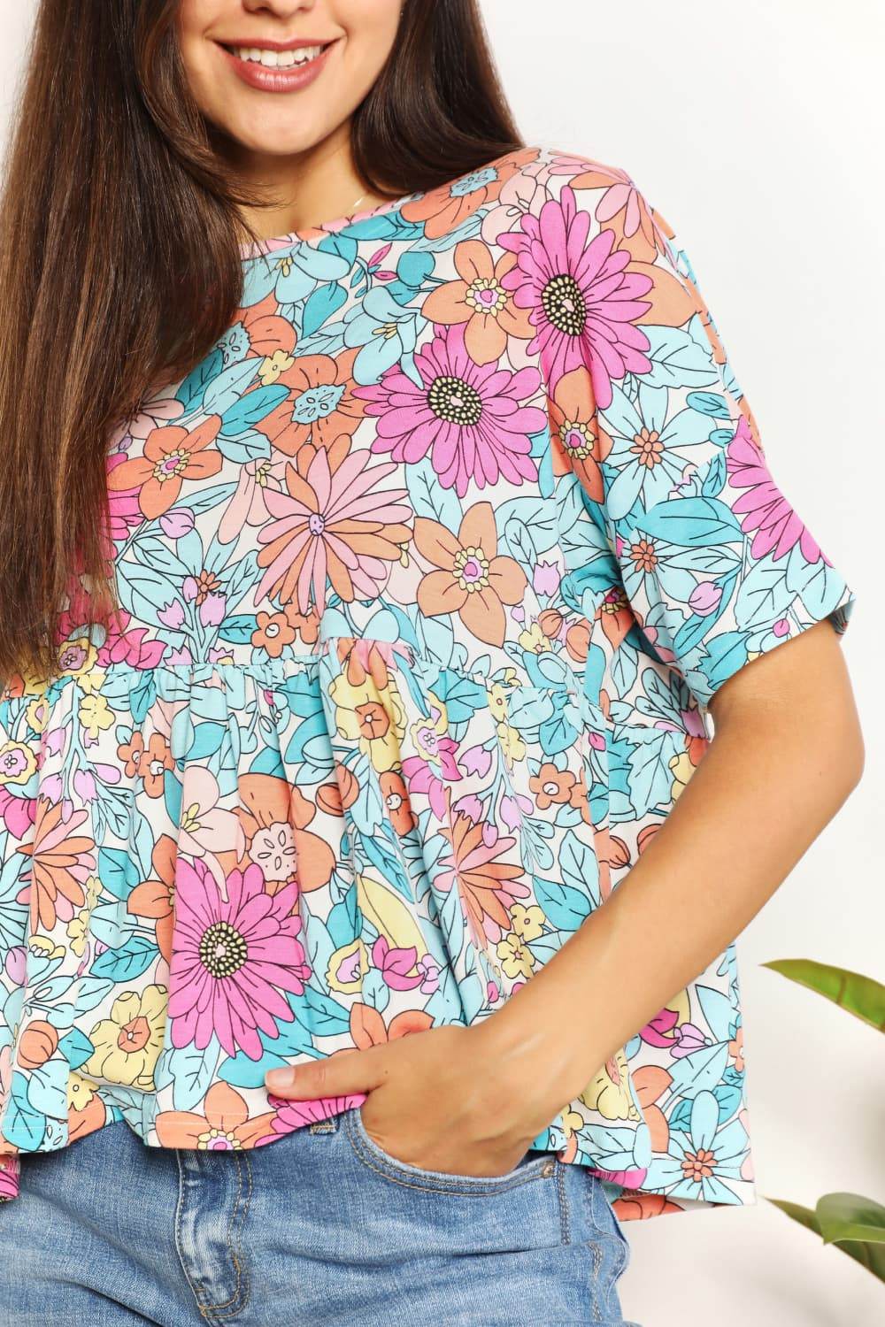 Double Take Floral Round Neck Babydoll Top - DaTrendStore.Com
