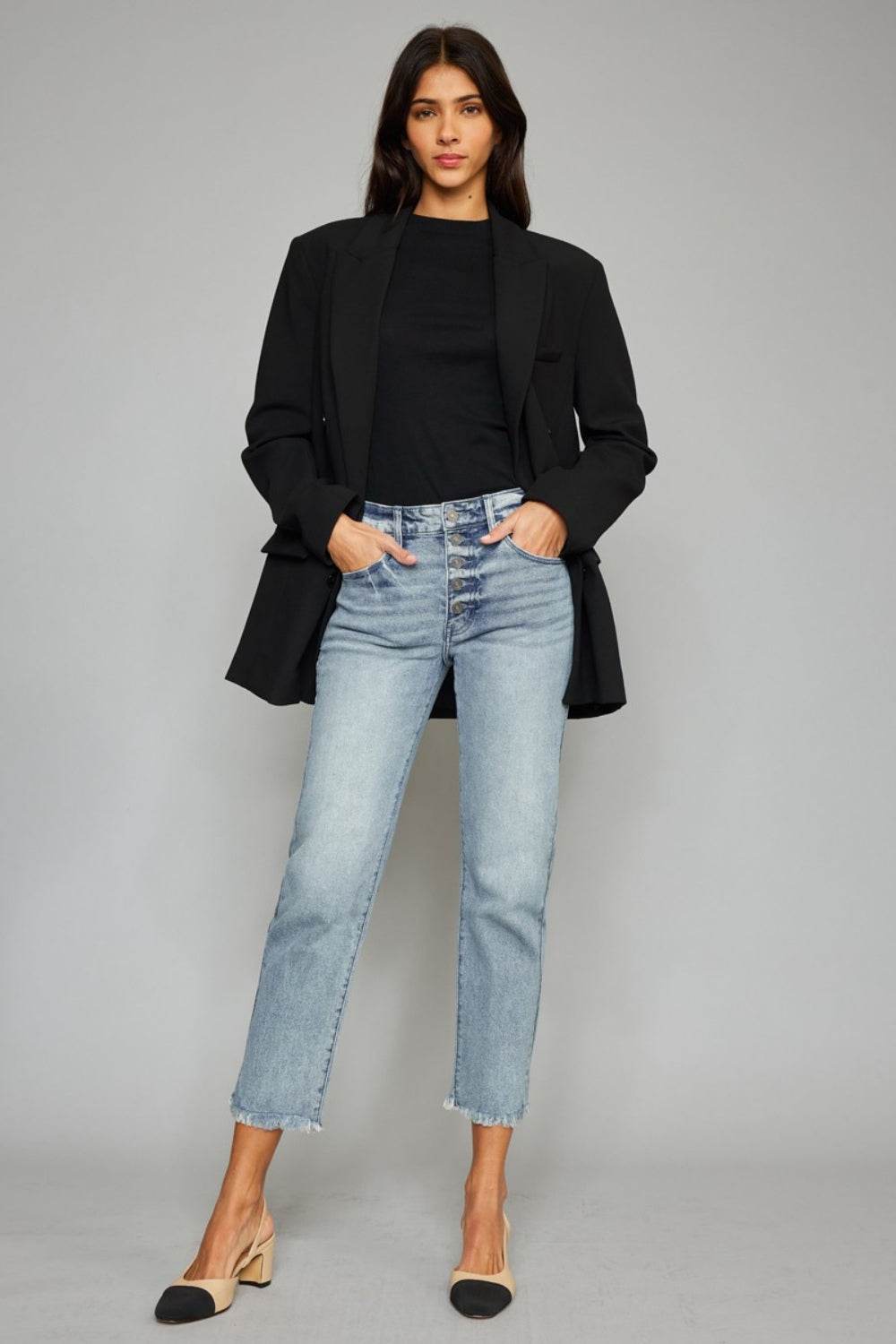 Kancan High Waist Button Fly Raw Hem Cropped Straight Jeans - DaTrendStore.Com