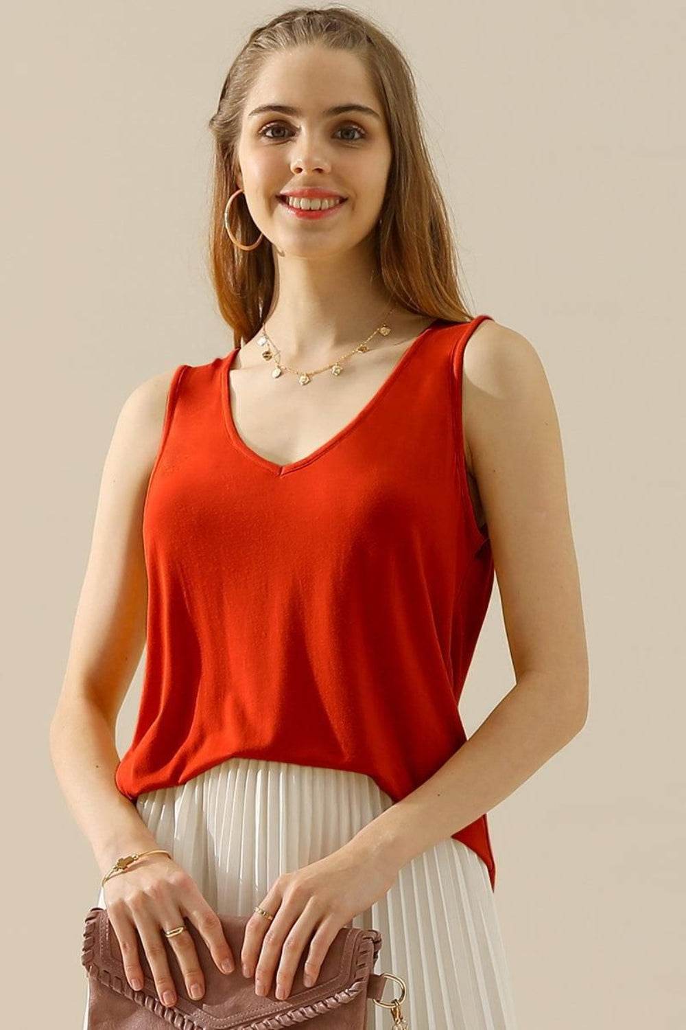 Ninexis Full Size V-Neck Curved Hem Tank - DaTrendStore.Com