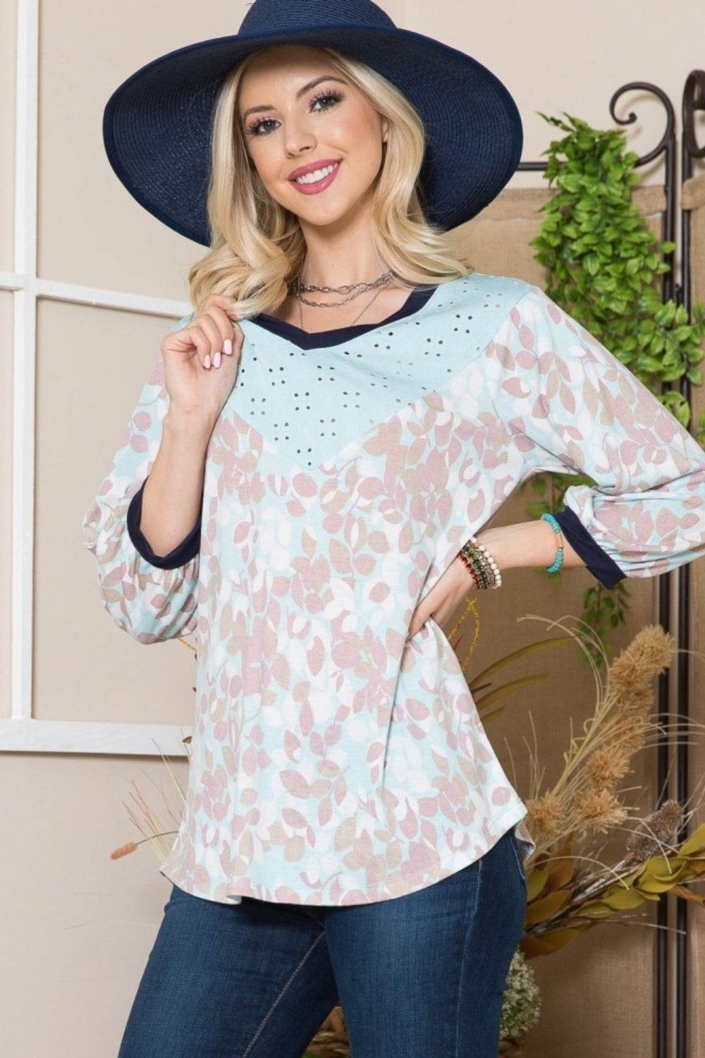 Celeste Full Size Leaf Print Contrast Trim Balloon Sleeve Top - DaTrendStore.Com