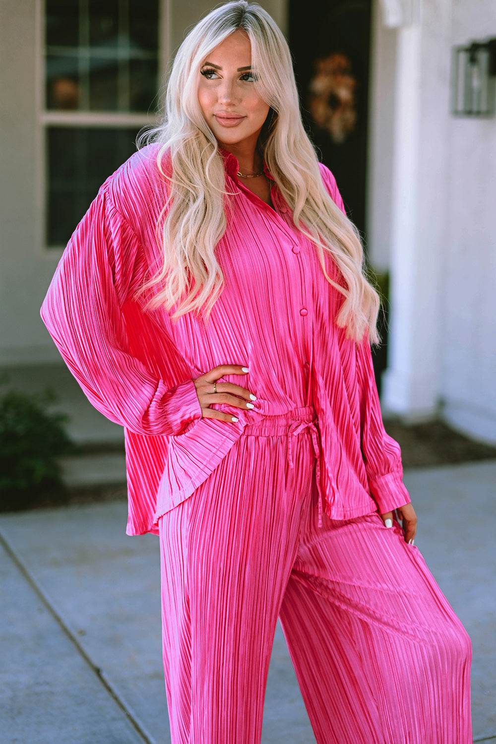 Pleated Button Up Shirt and Wide-Leg Pants Set - DaTrendStore.Com