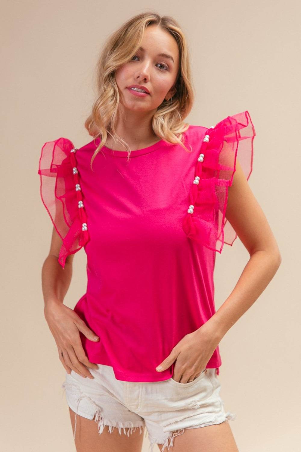 BiBi Pearl Decor Mesh Ruffle Sleeve Top - DaTrendStore.Com