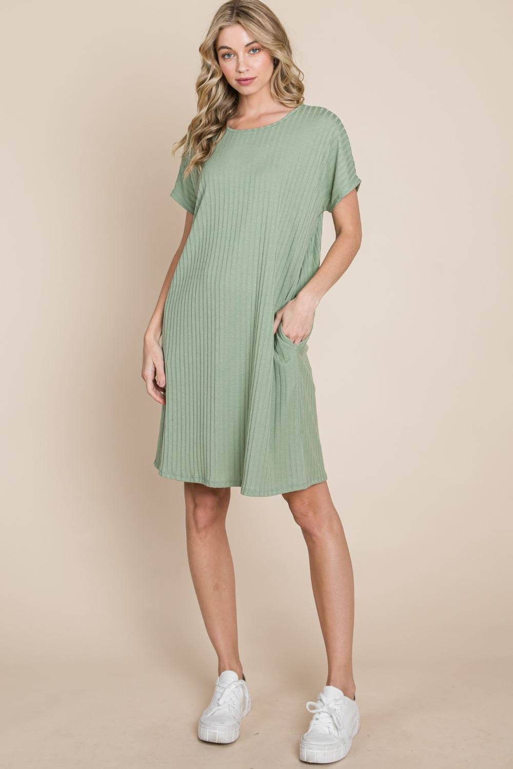 BOMBOM Ribbed Round Neck Short Sleeve Dress - DaTrendStore.Com