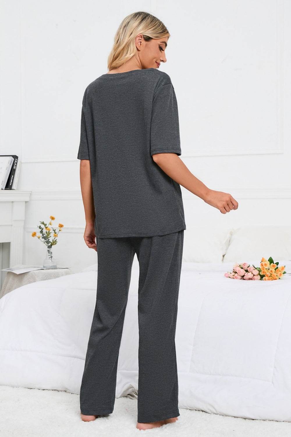 Slit Round Neck Top and Pants Lounge Set - DaTrendStore.Com