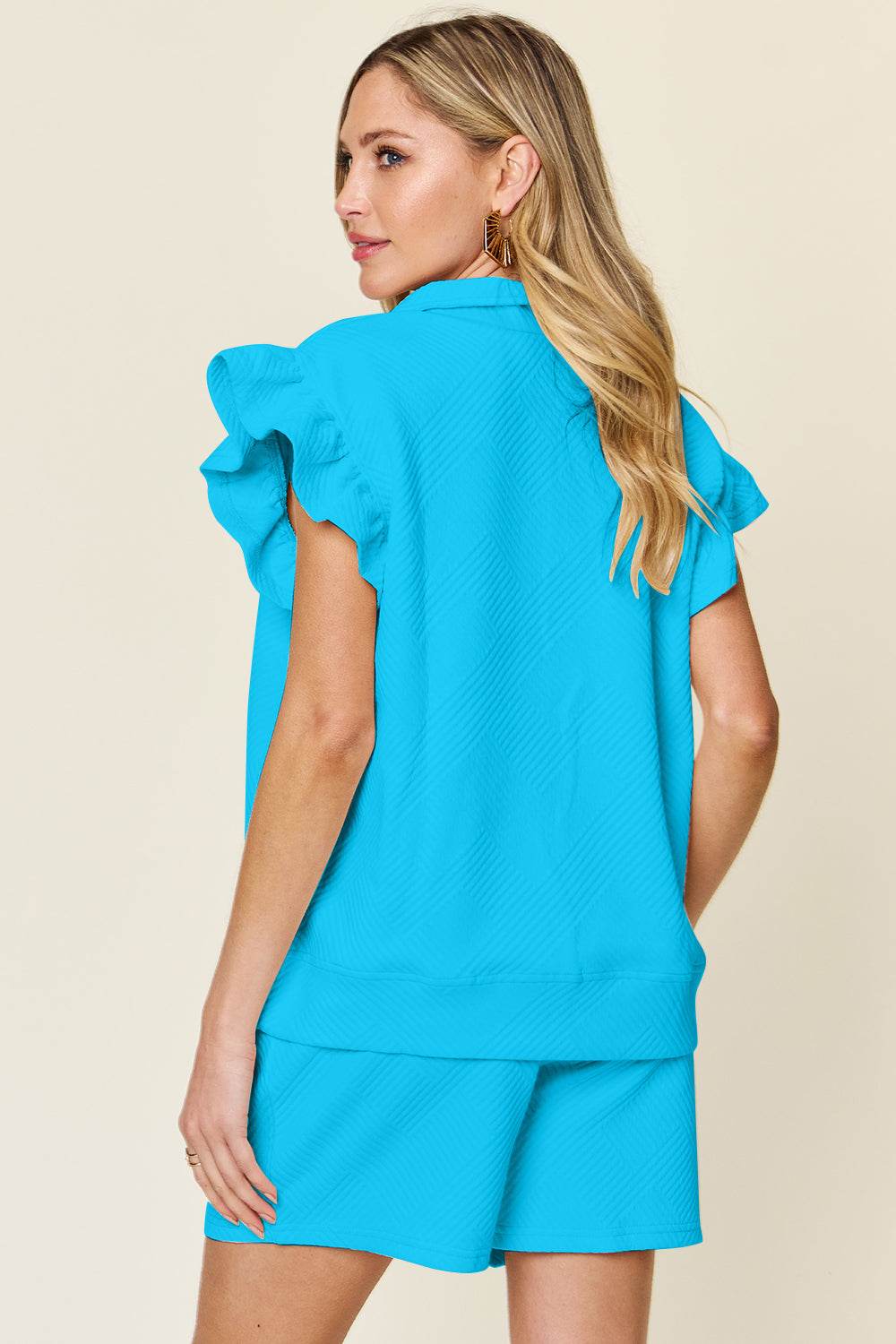 Double Take Full Size Texture Flounce Sleeve Top and Drawstring Shorts Set - DaTrendStore.Com