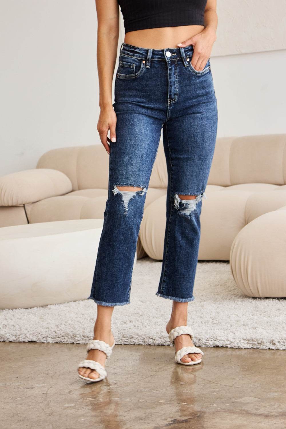 RFM Crop Dylan Full Size Tummy Control Distressed High Waist Raw Hem Jeans - DaTrendStore.Com