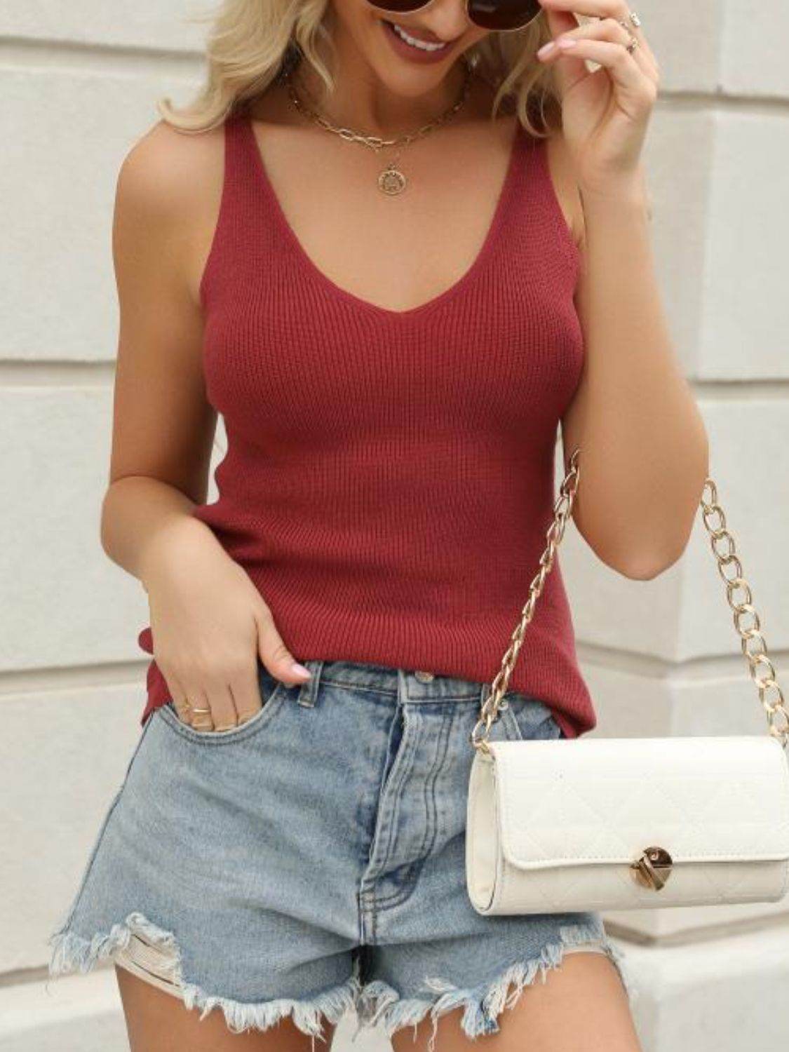V-Neck Wide Strap Knit Tank - DaTrendStore.Com