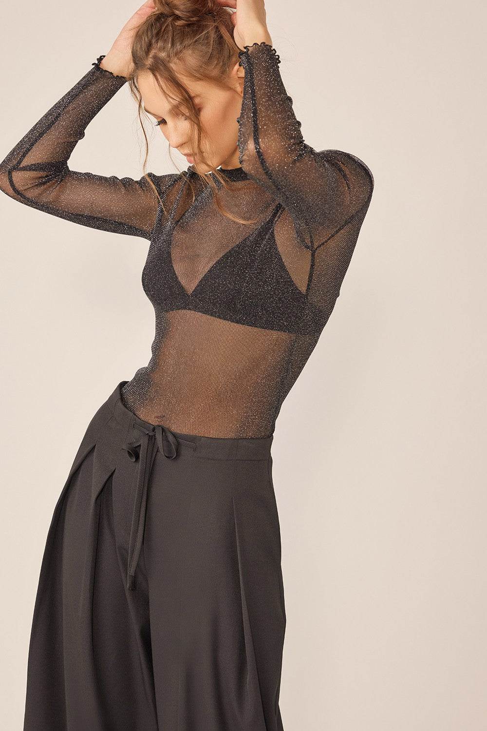 Idem Ditto Sparkling Glitter Long Sleeve Sheer Top - DaTrendStore.Com