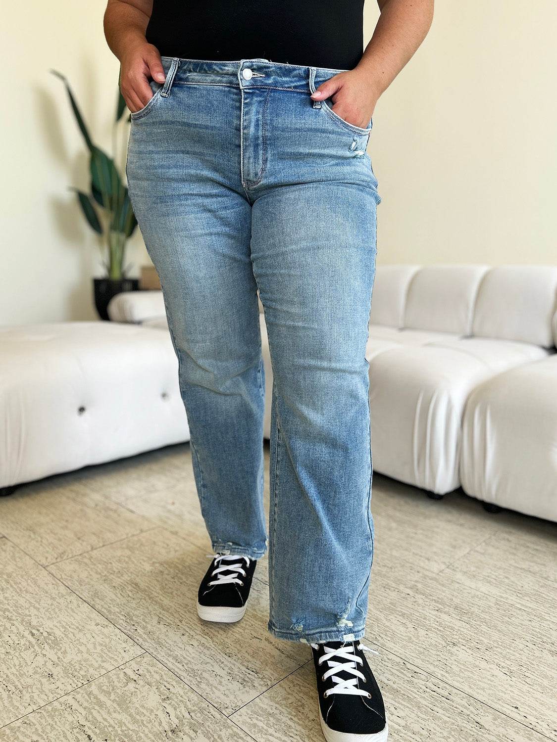 Judy Blue Full Size Mid Rise Distressed Straight Jeans - DaTrendStore.Com