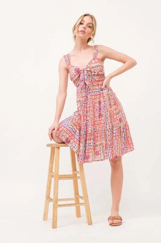 And The Why Red Boho Tiered Tie-Front Dress