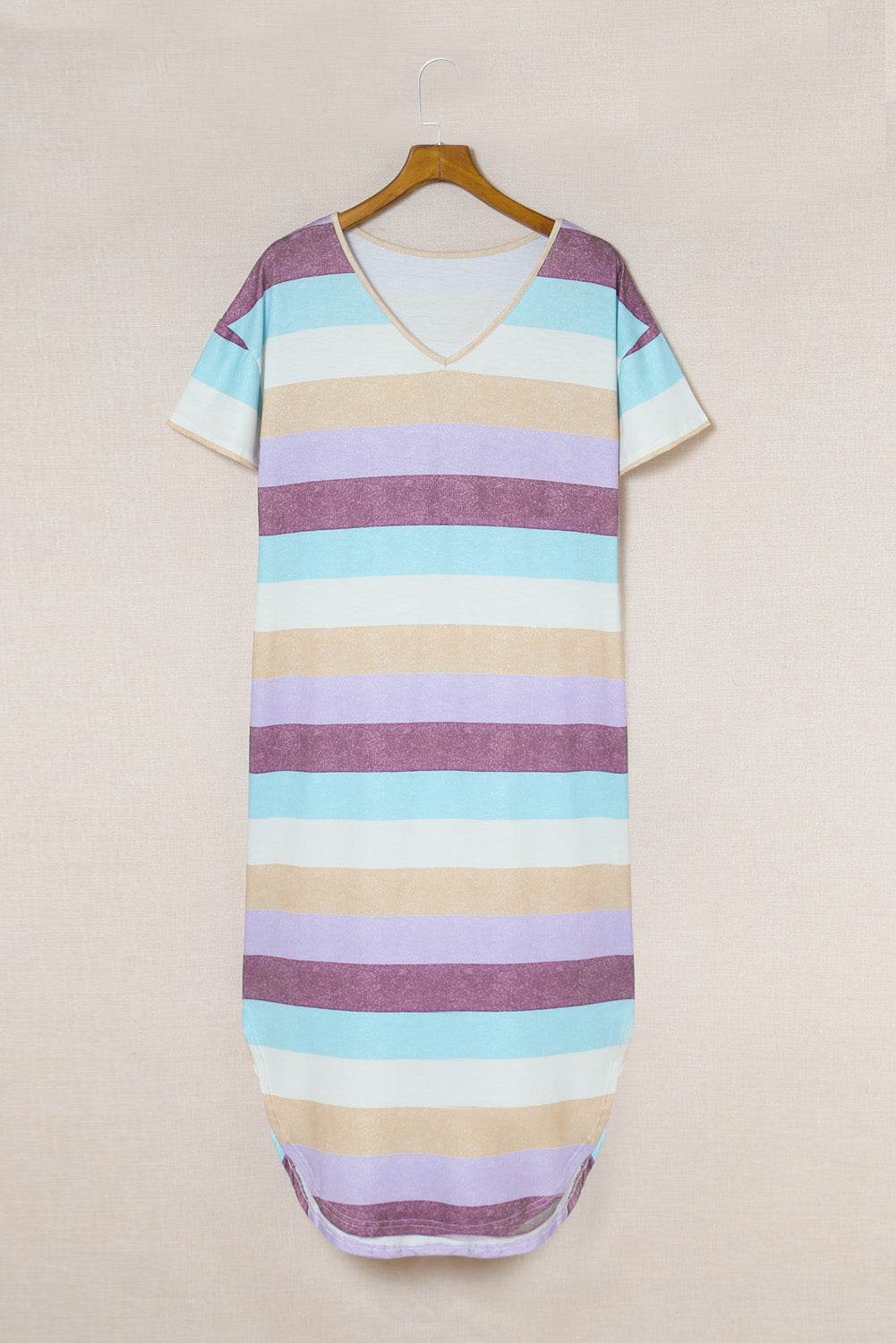 Striped V-Neck Curved Hem Midi Dress - DaTrendStore.Com