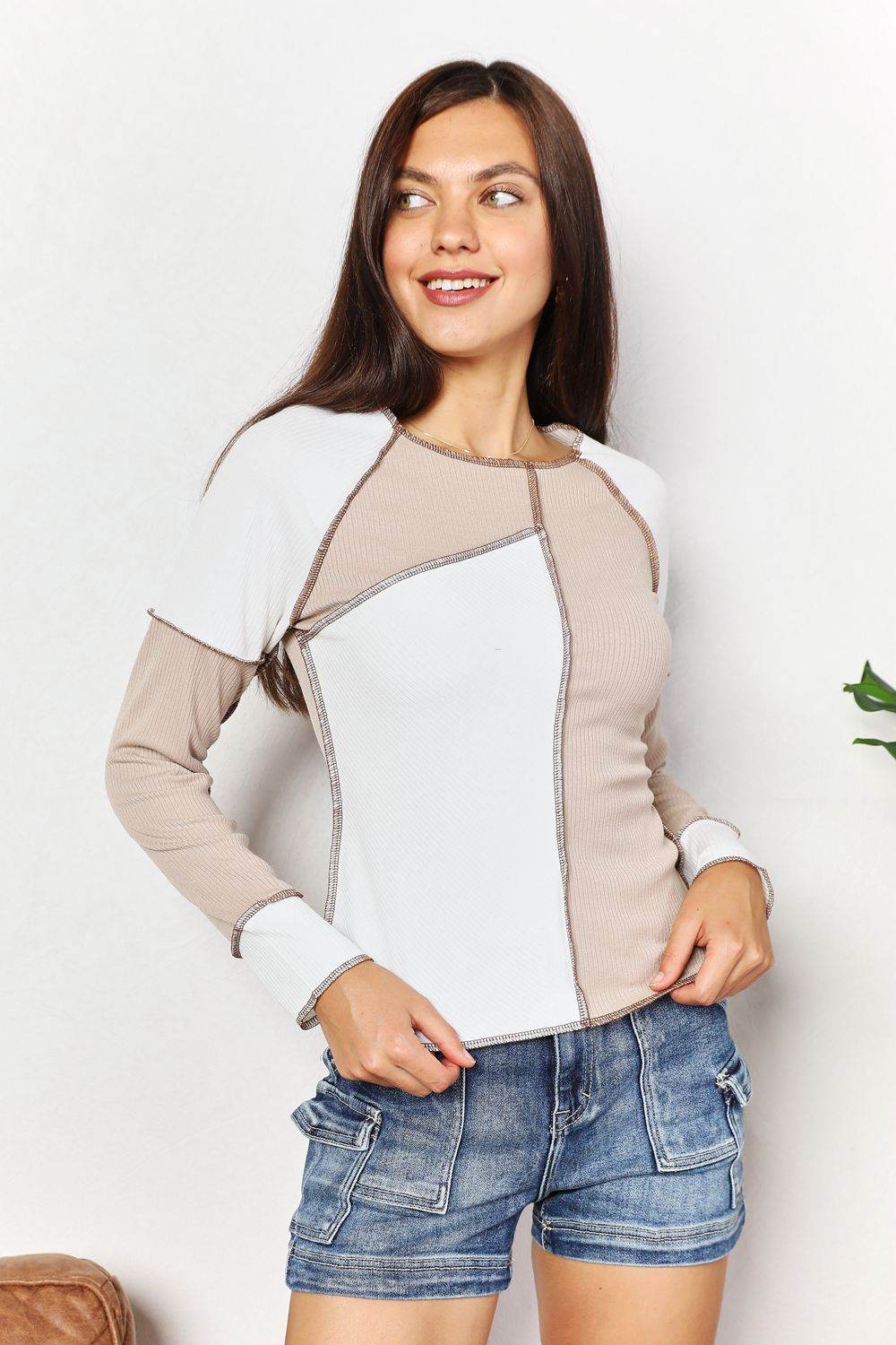 Double Take Color Block Exposed Seam Top - DaTrendStore.Com