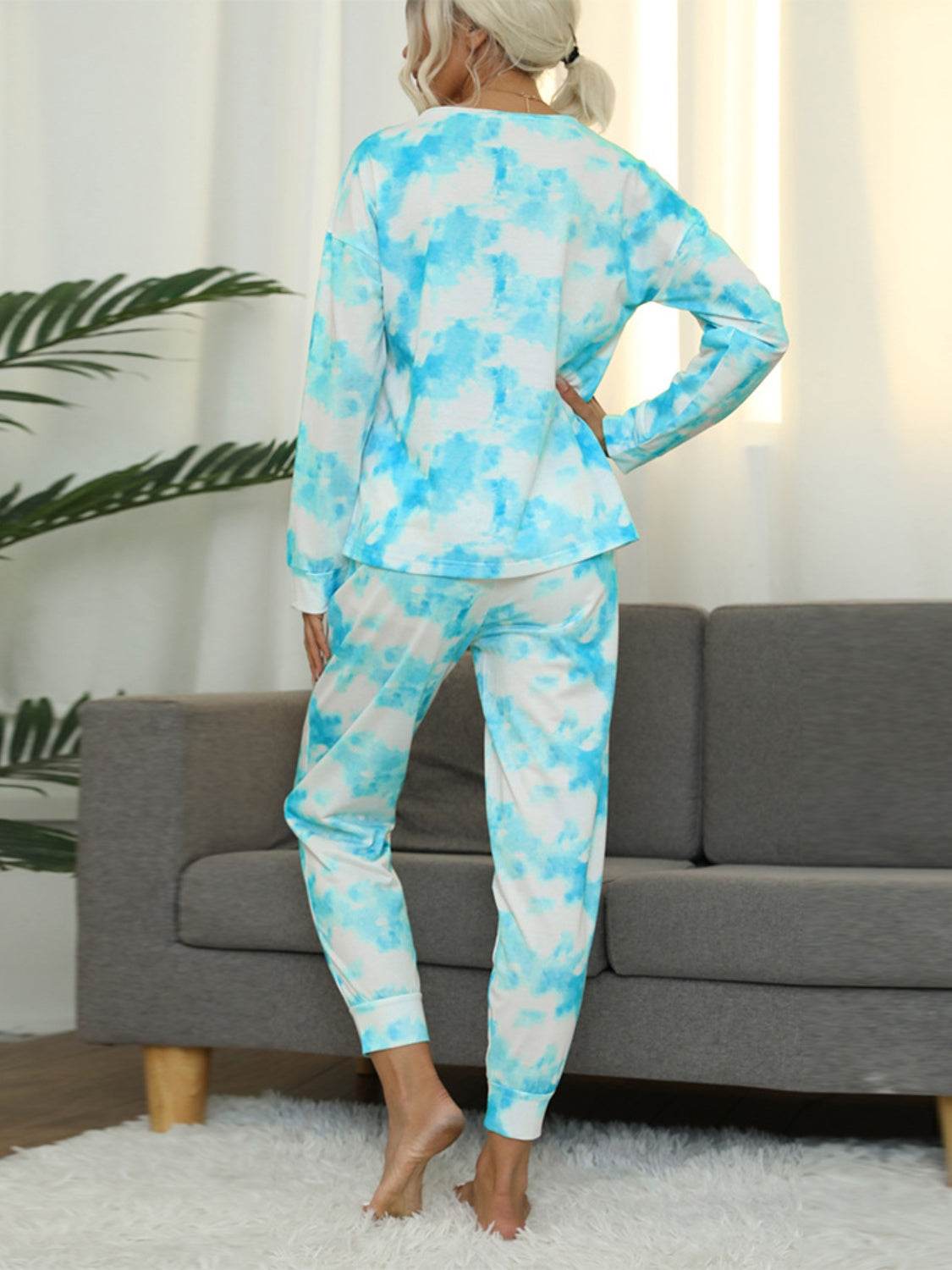 Shiny Tie-Dye Round Neck Top and Pants Lounge Set - DaTrendStore.Com