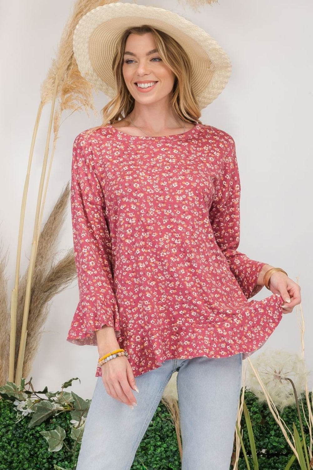 Celeste Full Size Floral Ruffle Detail Top - DaTrendStore.Com