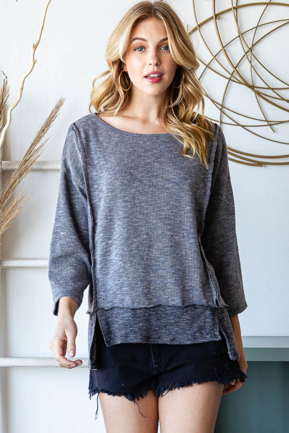 Reborn J Boat Neck Exposed Seam Slit Top - DaTrendStore.Com