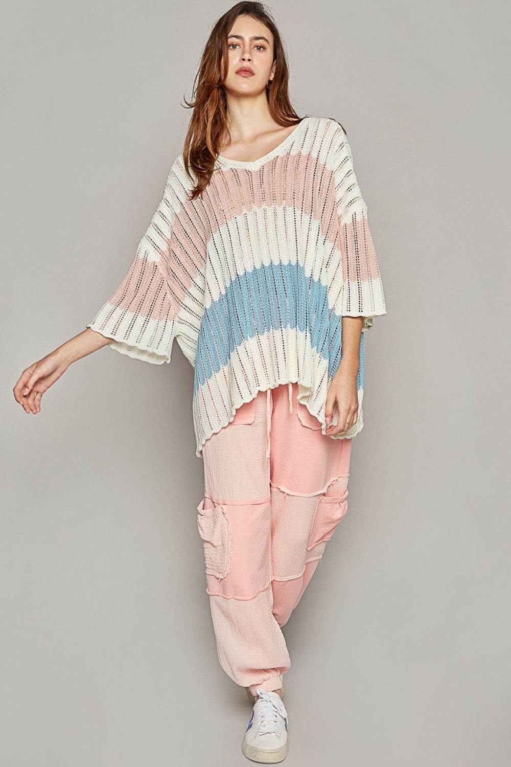 POL V-Neck Short Sleeve Stripe Weave Sweater - DaTrendStore.Com