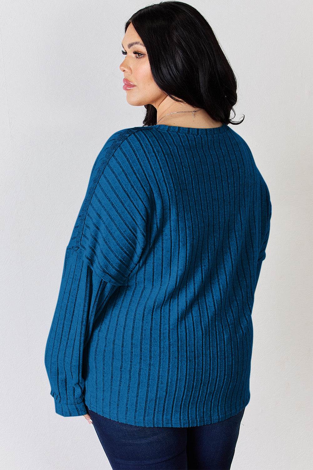 Basic Bae Full Size Ribbed Half Button Long Sleeve T-Shirt - DaTrendStore.Com