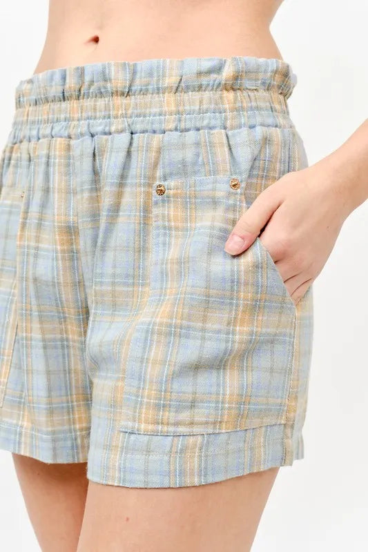 And The Why Blue Plaid Smocked Shorts