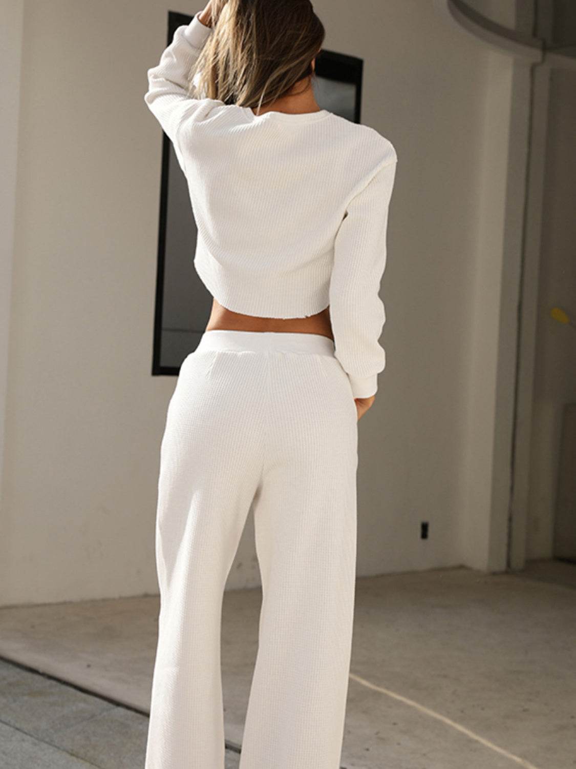 Waffle-Knit Round Neck Top and Pants Set - DaTrendStore.Com