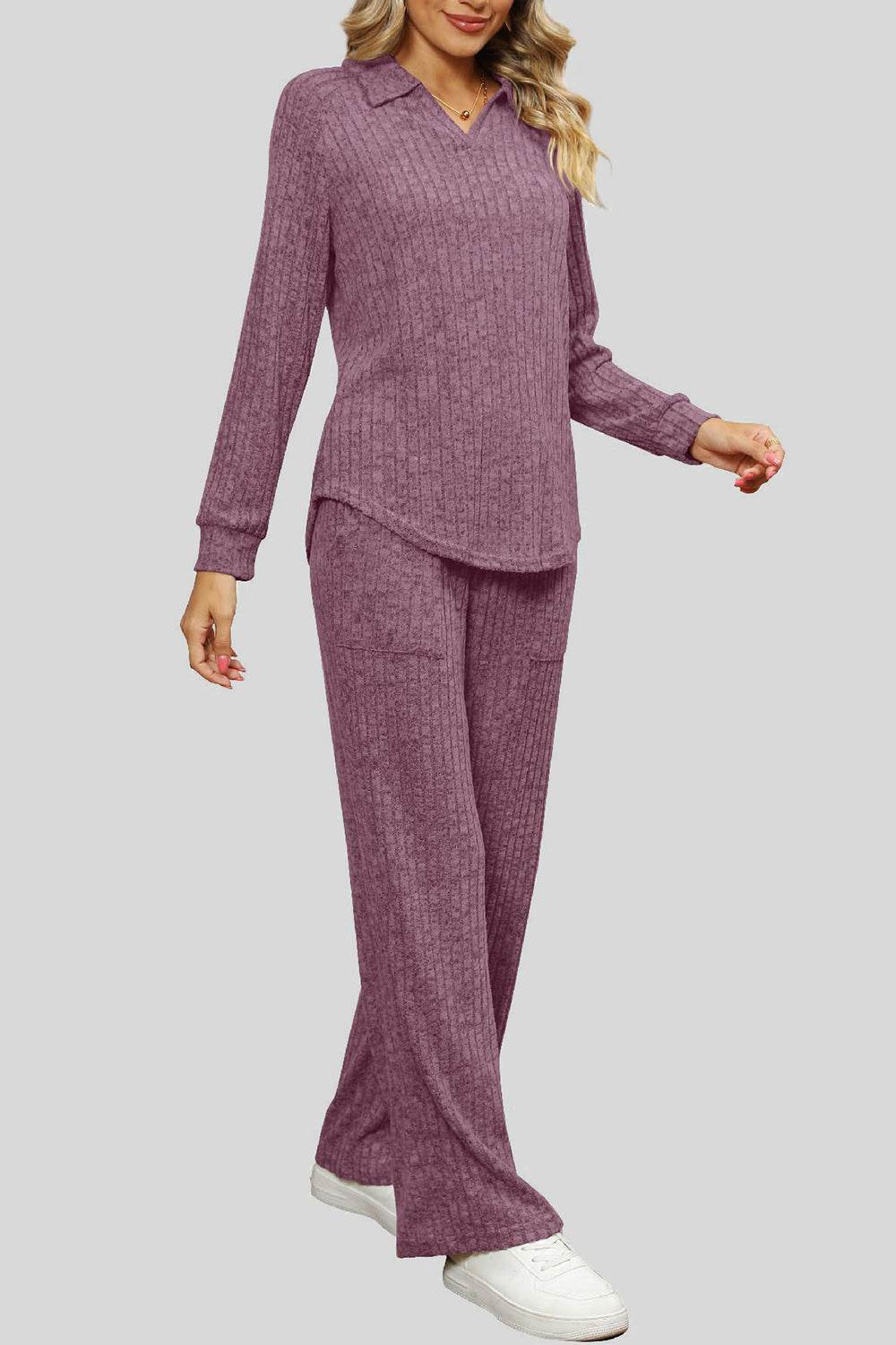 Ribbed Long Sleeve Top and Pocketed Pants Set - DaTrendStore.Com