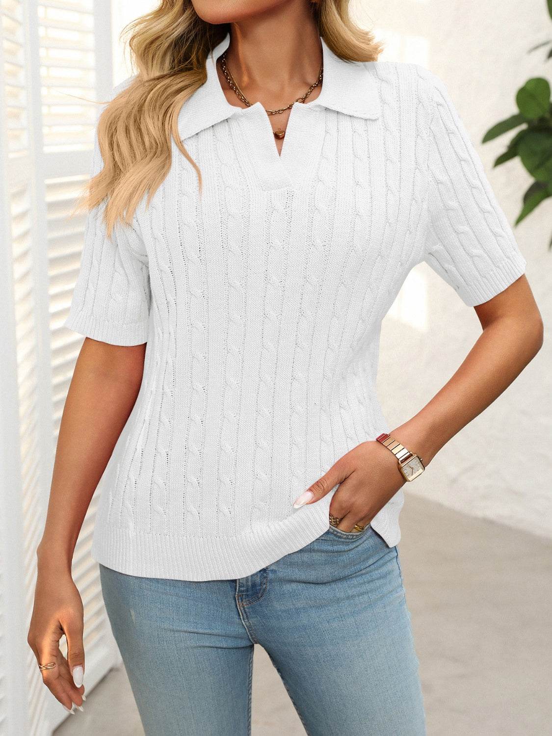 Mandy Cable Knit Johnny Collar Half Sleeve Sweater - DaTrendStore.Com
