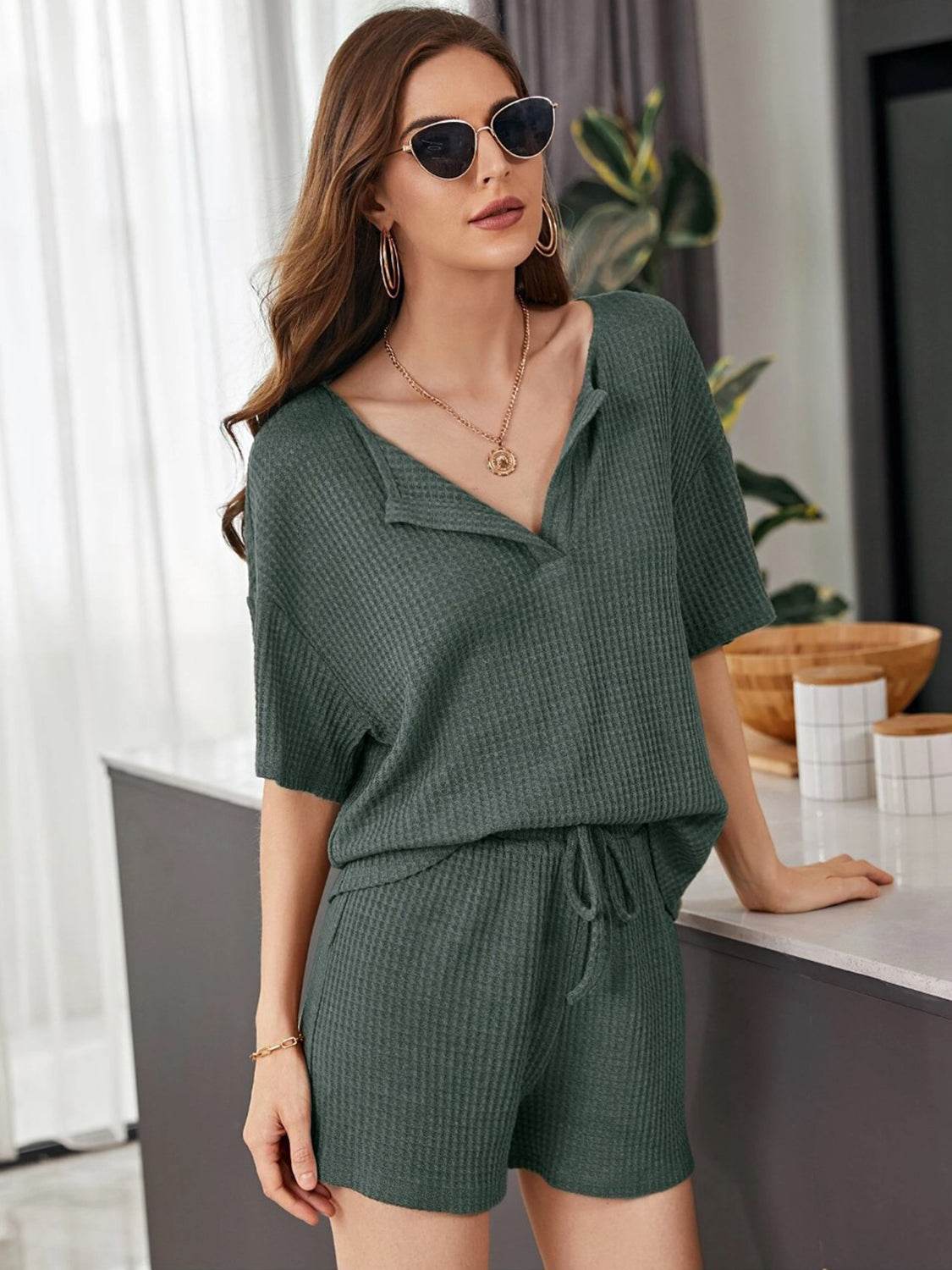 Full Size Waffle-Knit Dropped Shoulder Top and Shorts Set - DaTrendStore.Com