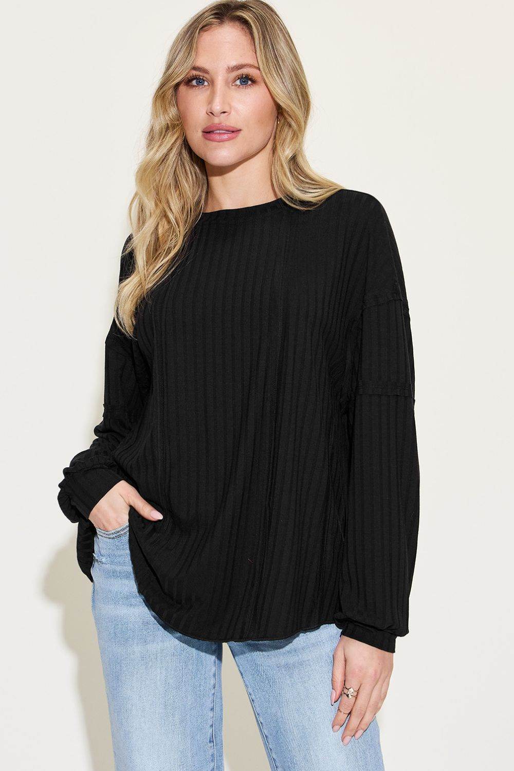 Basic Bae Full Size Ribbed Round Neck Long Sleeve T-Shirt - DaTrendStore.Com