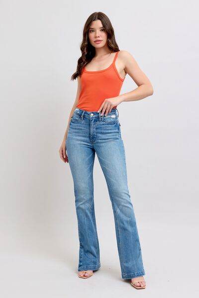 Judy Blue HW Tummy Control Vintage Wash Side Slit Slim Boot Jeans - DaTrendStore.Com
