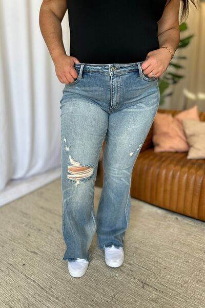 Judy Blue Full Size Medium Rise Tummy Control Destroy Flare - DaTrendStore.Com