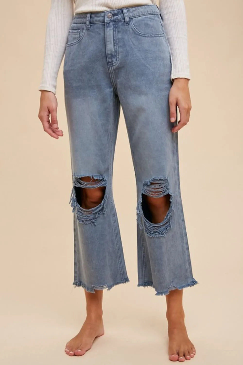 Annie Wear Dusty Blue Distressed Raw-Hem Jeans