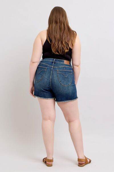 Judy Blue Tummy Control Fray Hem & Shield Back Pockets Denim Shorts - DaTrendStore.Com