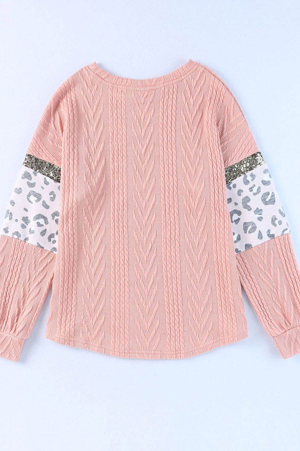 Sequin Leopard Round Neck Long Sleeve Sweater - DaTrendStore.Com