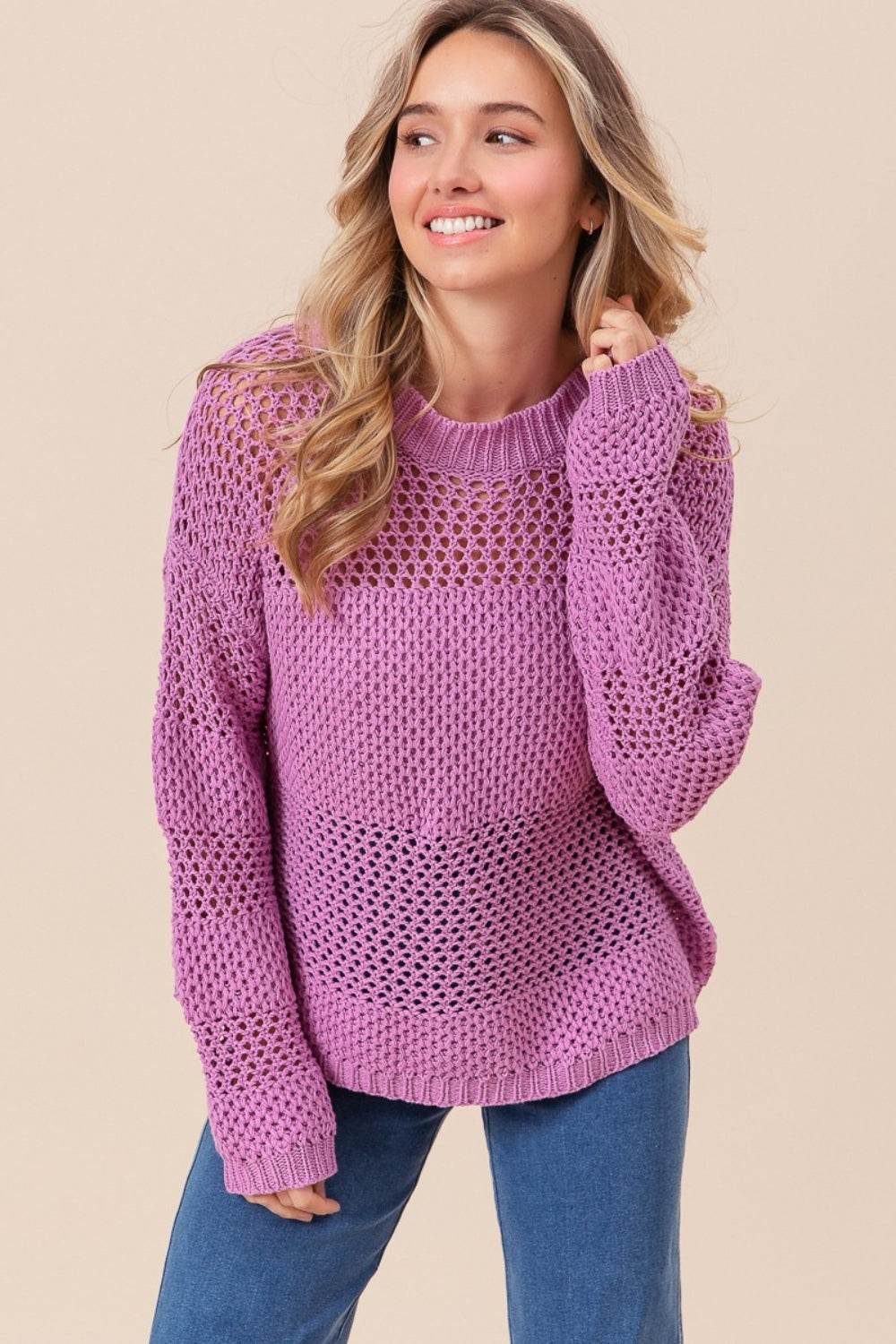 BiBi Openwork Long Sleeve Knit Top - DaTrendStore.Com