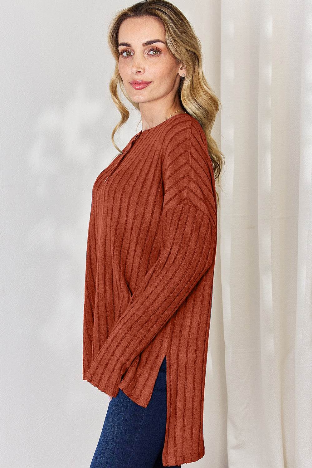 Basic Bae Full Size Ribbed Half Button Long Sleeve High-Low T-Shirt - DaTrendStore.Com