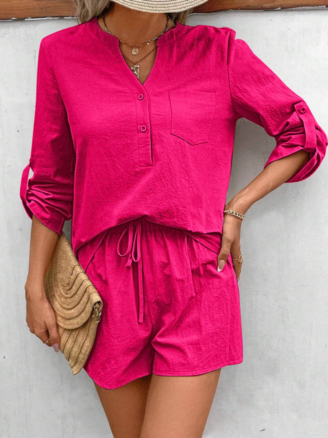 Notched Long Sleeve Top and Shorts Set - DaTrendStore.Com
