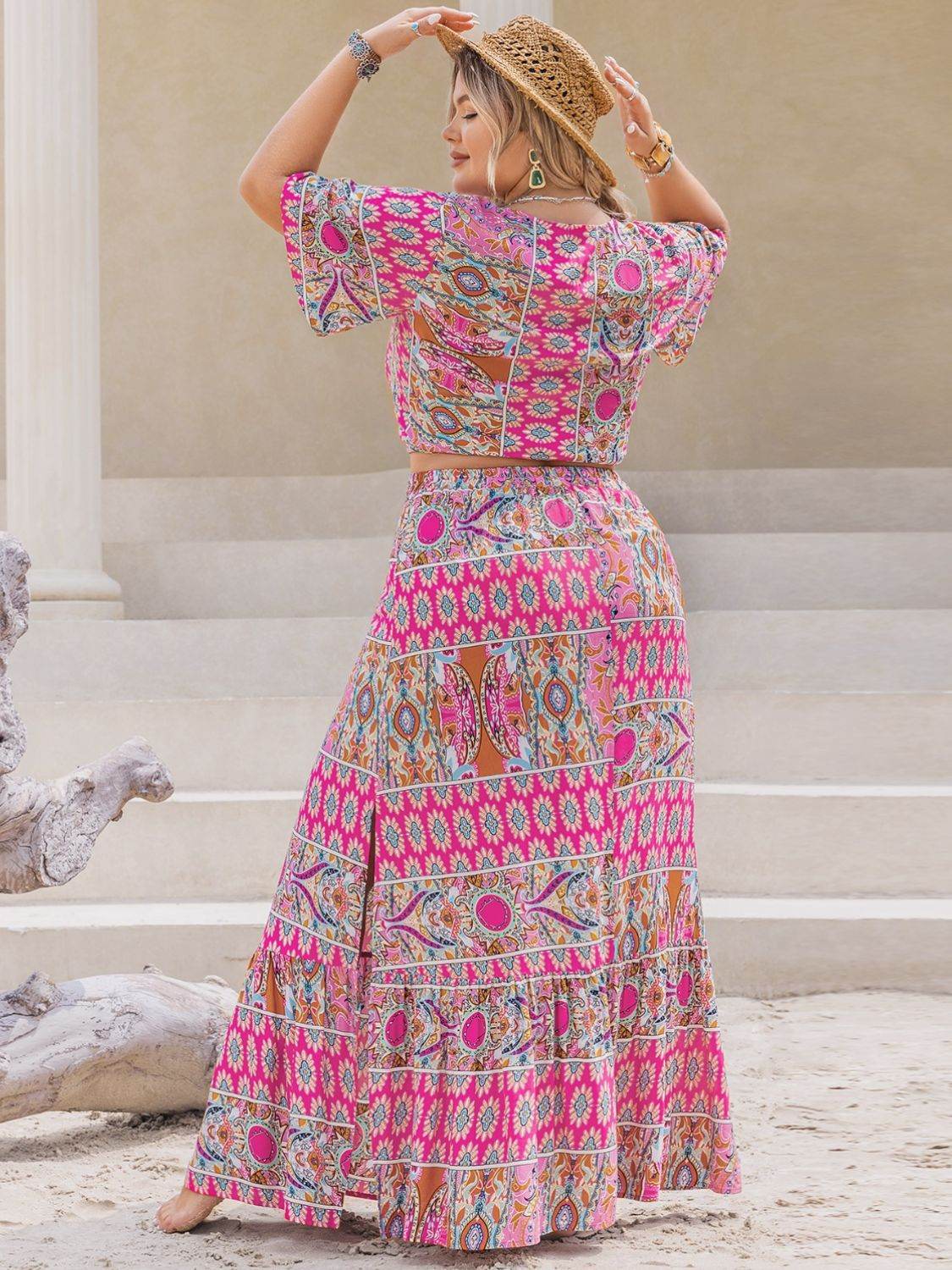 Plus Size Printed V-Neck Half Sleeve Top and Skirt Set - DaTrendStore.Com