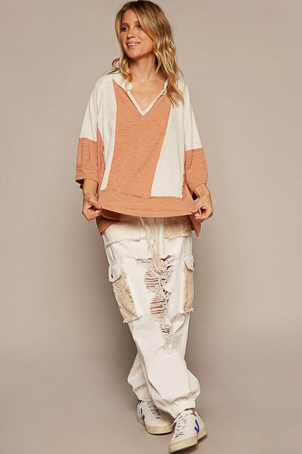 POL Notched Frayed Edge Contrast Top - DaTrendStore.Com
