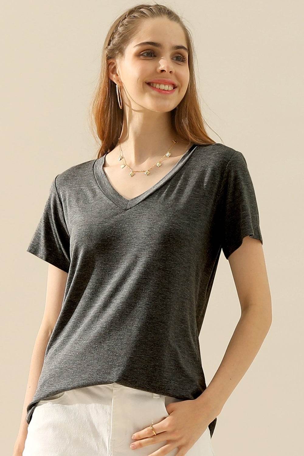 Ninexis Full Size V-Neck Short Sleeve T-Shirt - DaTrendStore.Com