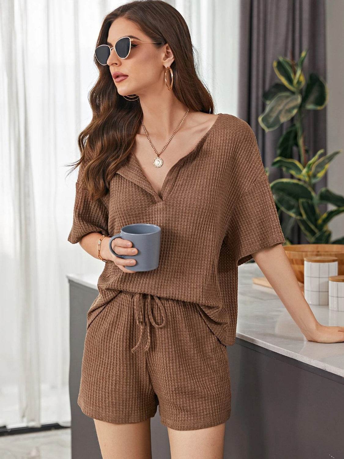 Full Size Waffle-Knit Dropped Shoulder Top and Shorts Set - DaTrendStore.Com