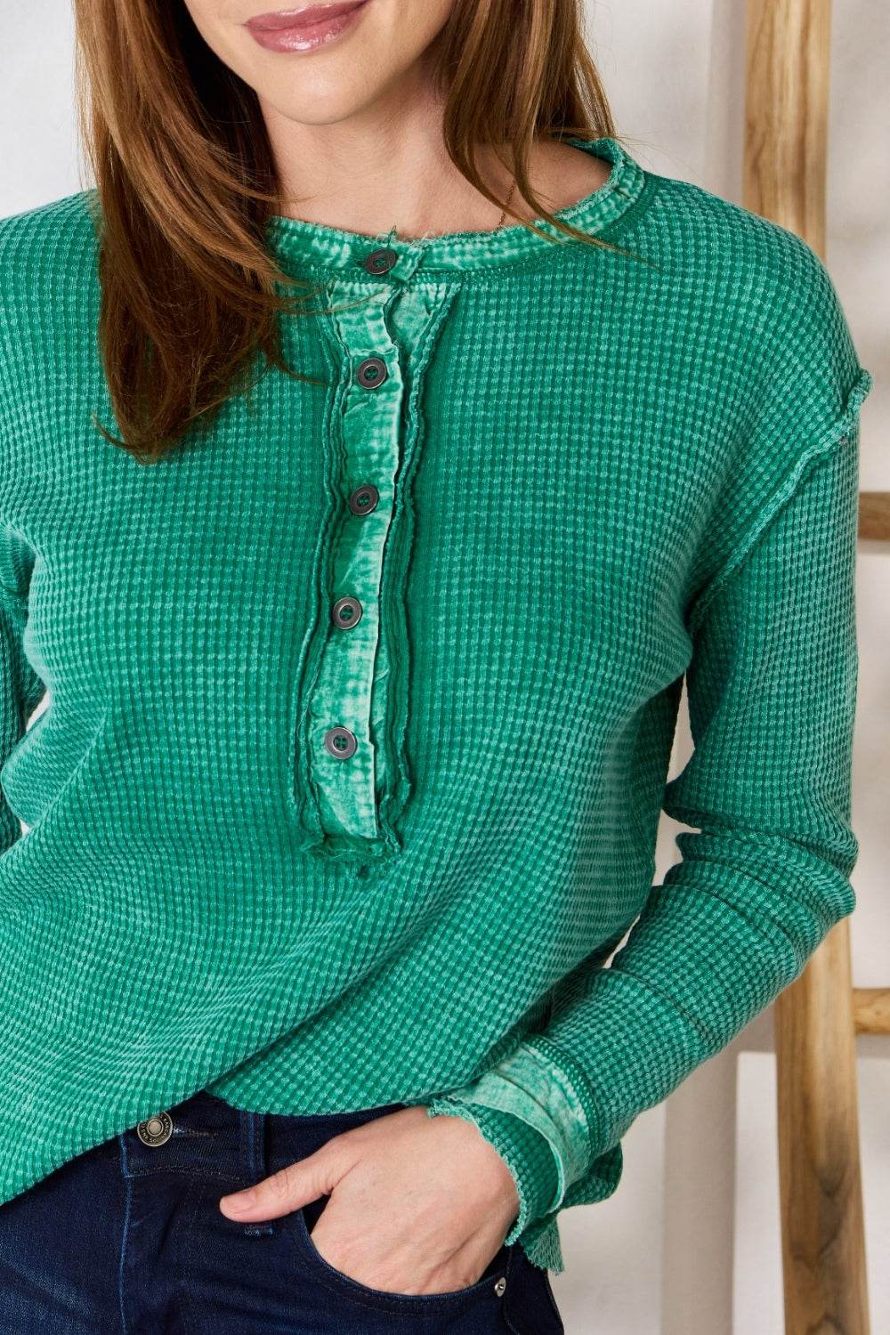 Zenana Washed Half Button Exposed Seam Waffle Top - DaTrendStore.Com