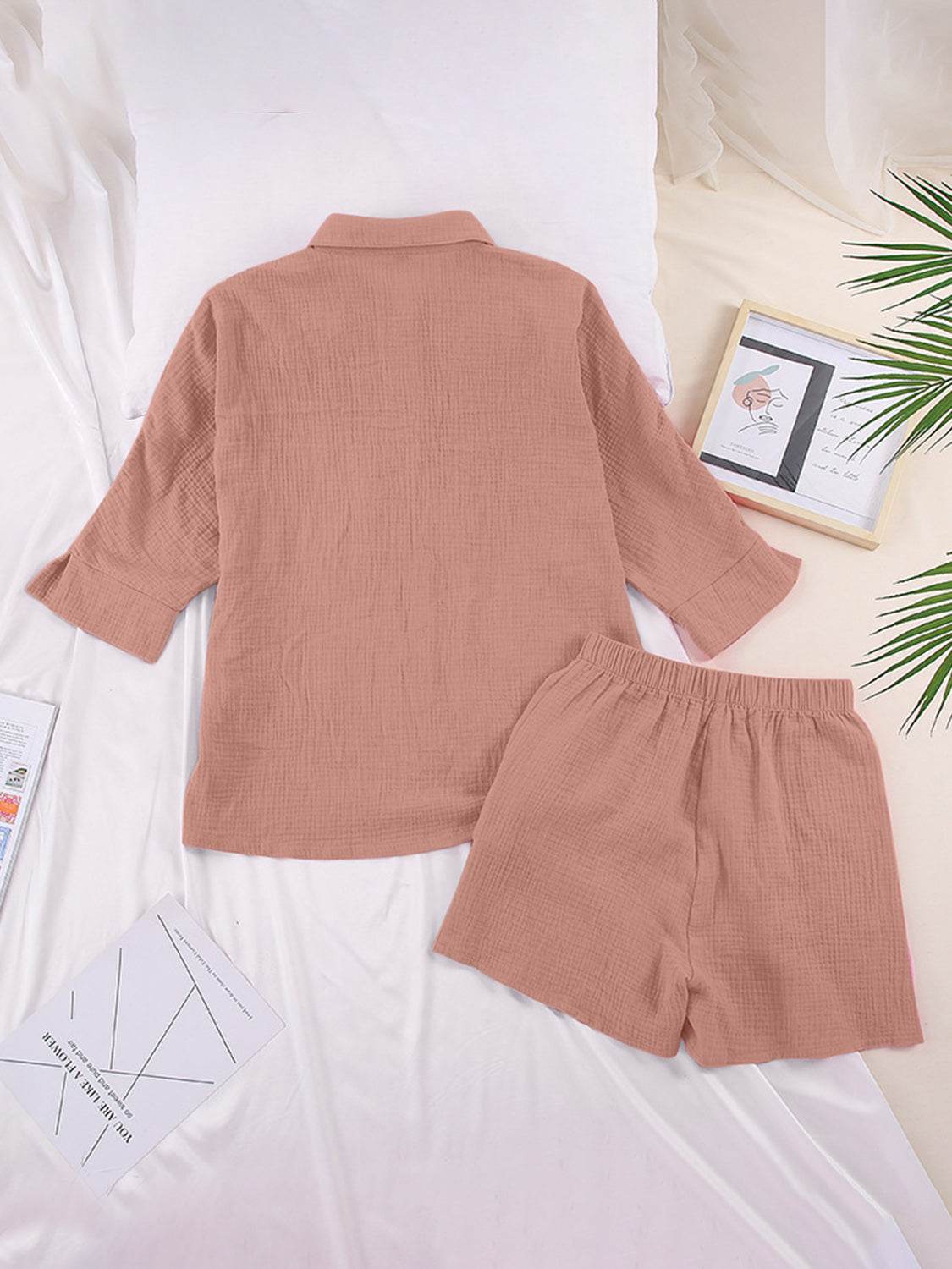Texture Button Up Shirt and Shorts Set - DaTrendStore.Com