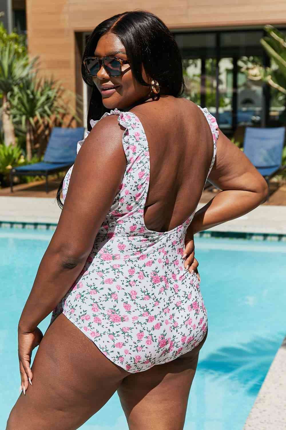 Marina West Swim Full Size Float On Ruffle Faux Wrap One-Piece in Roses Off-White - DaTrendStore.Com