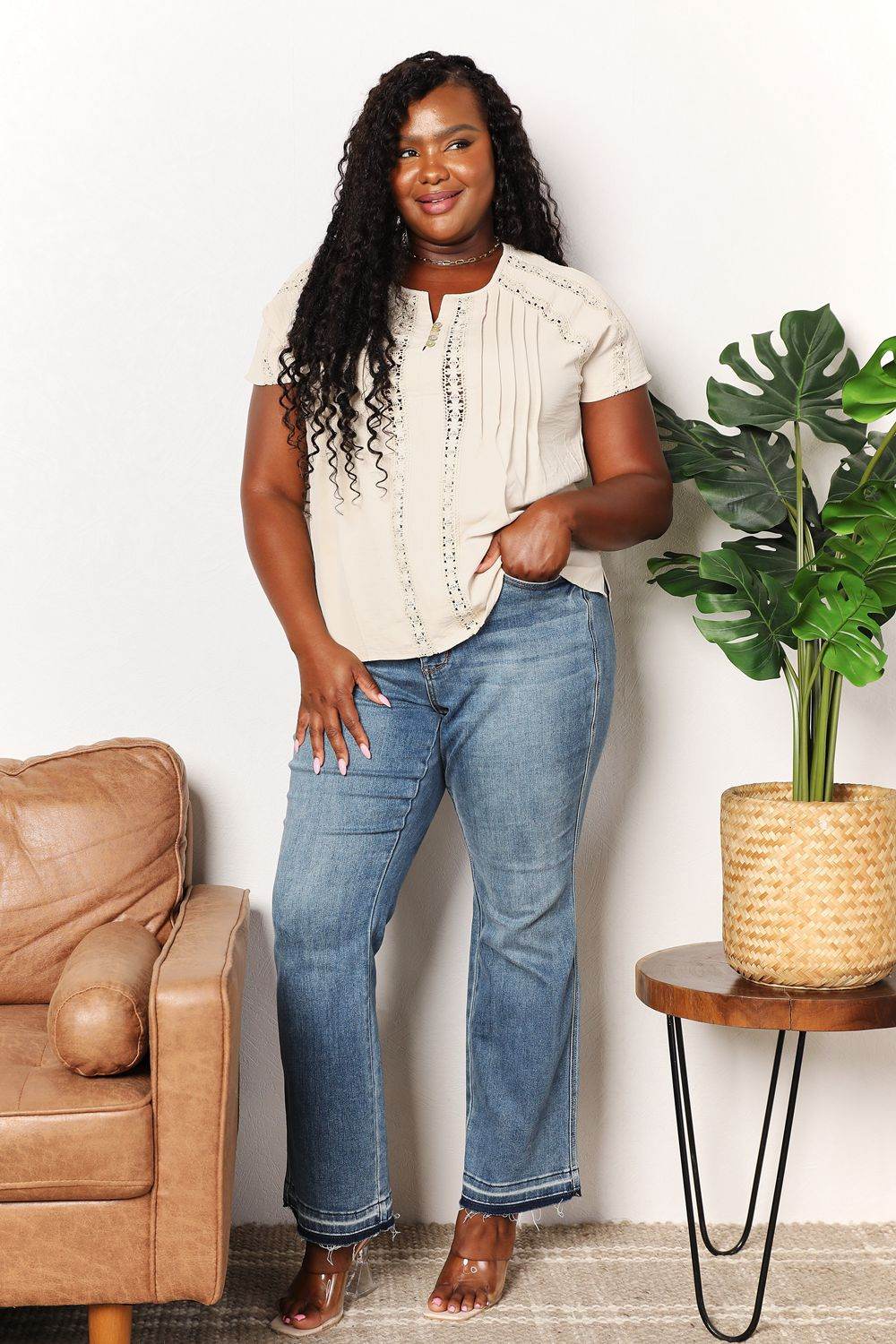 Double Take Crochet Buttoned Short Sleeves Top - DaTrendStore.Com