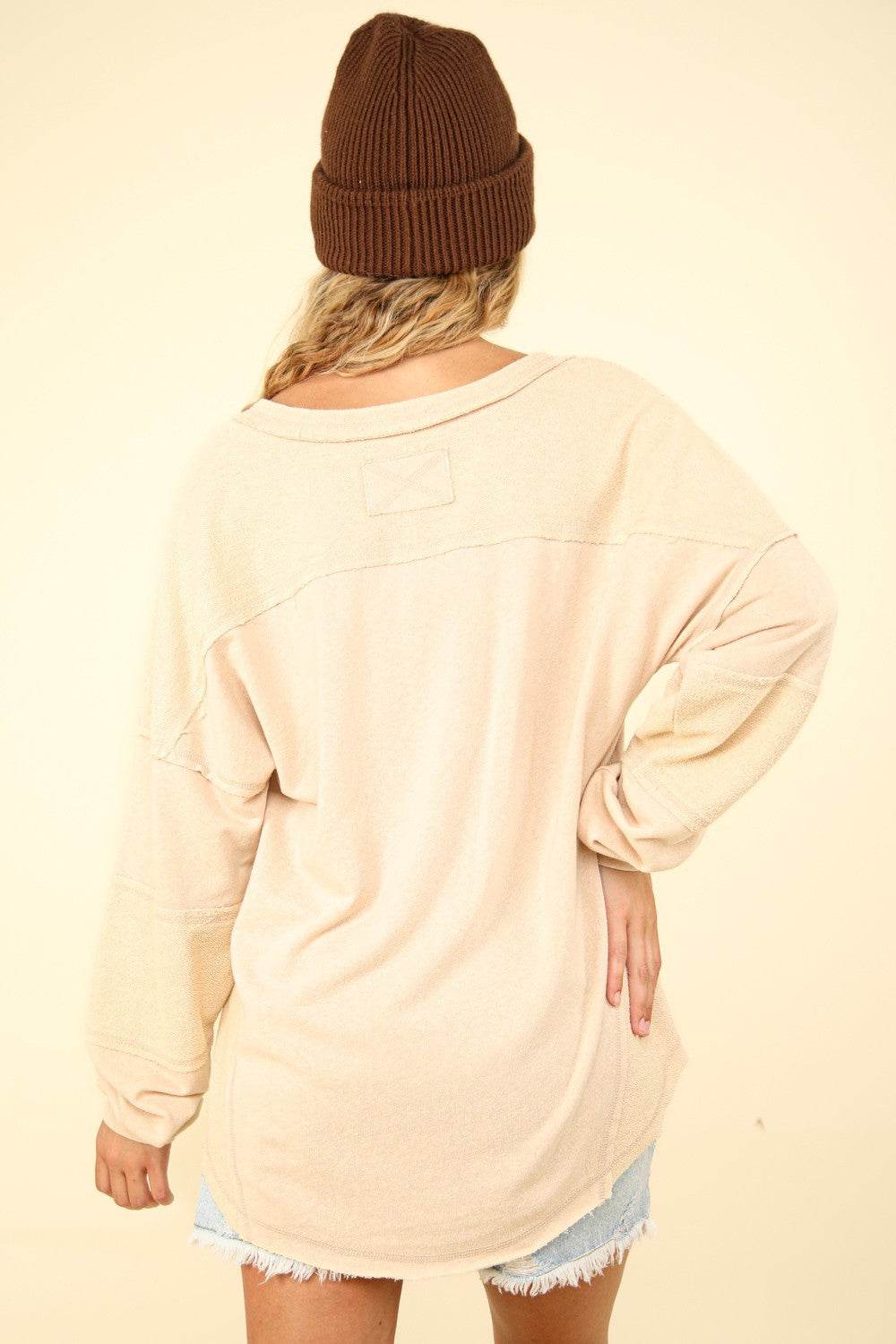 VERY J Washed V-Neck Exposed Seam Knit Top - DaTrendStore.Com