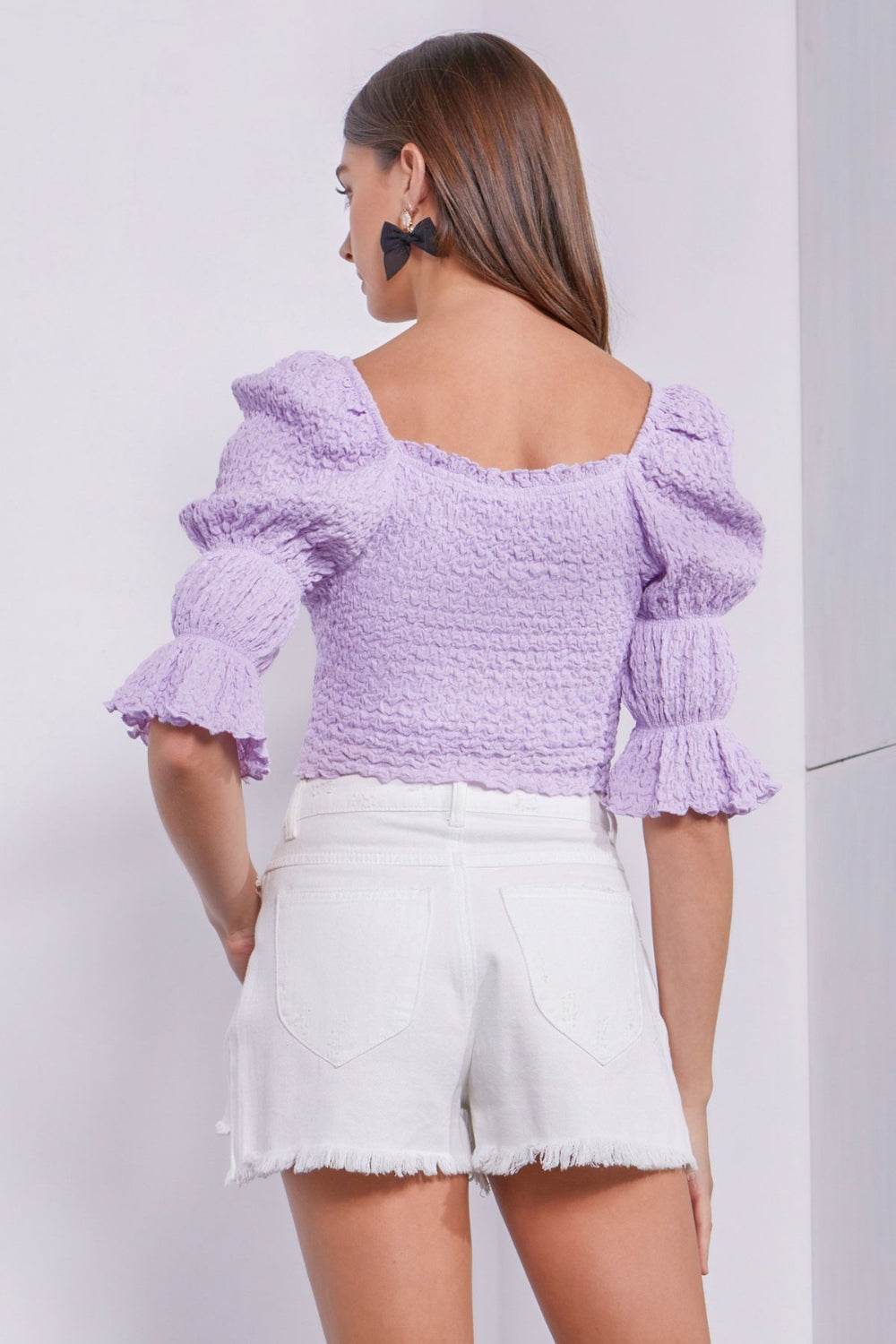 Mustard Seed Crinkle Texture Puff Sleeve Crop Top - DaTrendStore.Com
