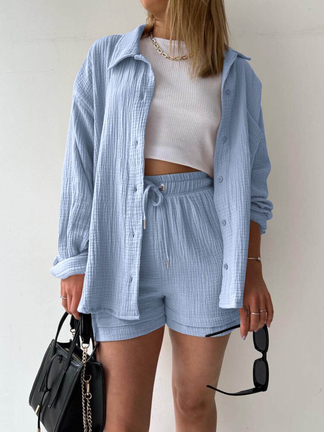 Texture Button Up Shirt and Drawstring Shorts Set - DaTrendStore.Com