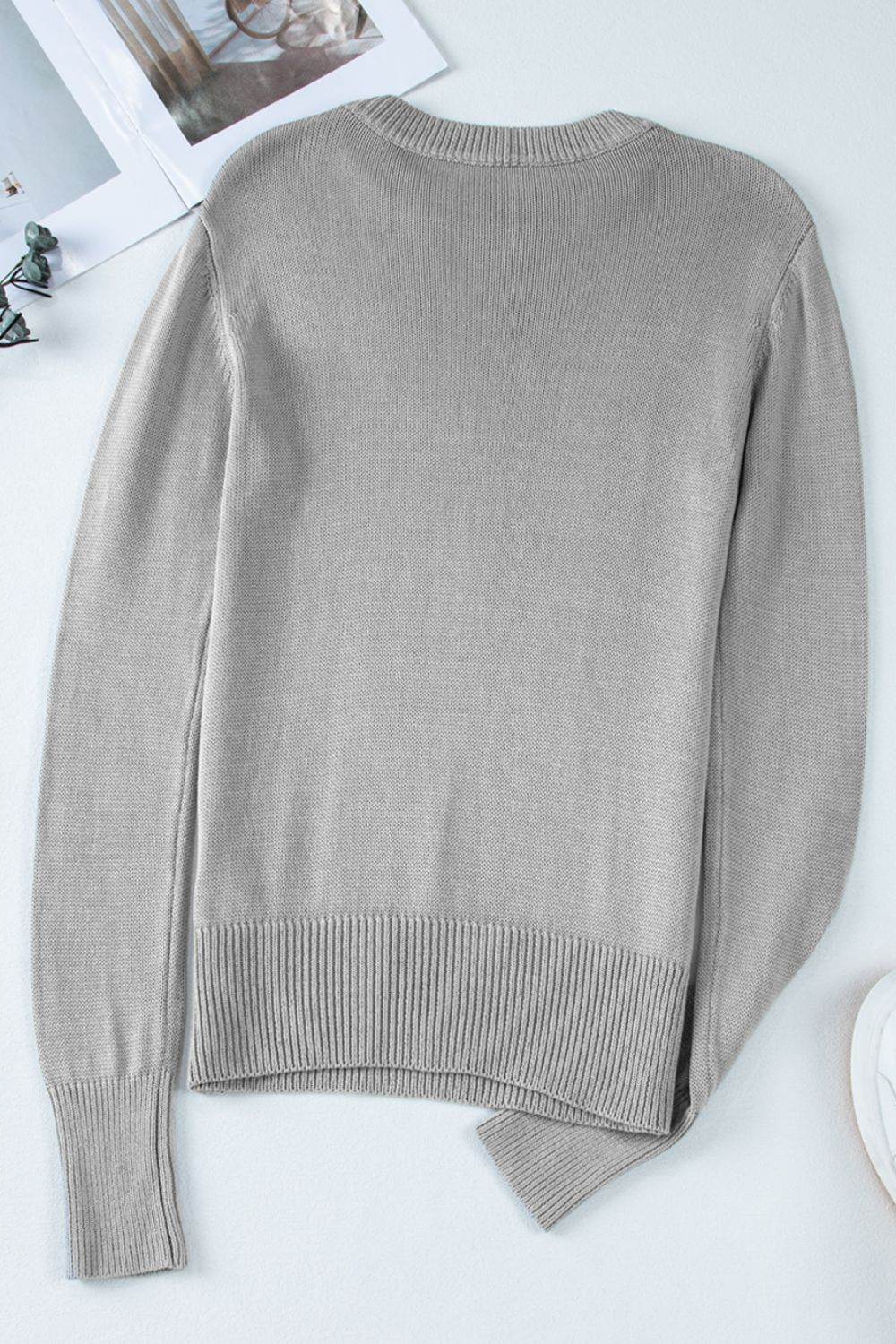 Ribbed Hem Round Neck Long Sleeve Sweater - DaTrendStore.Com