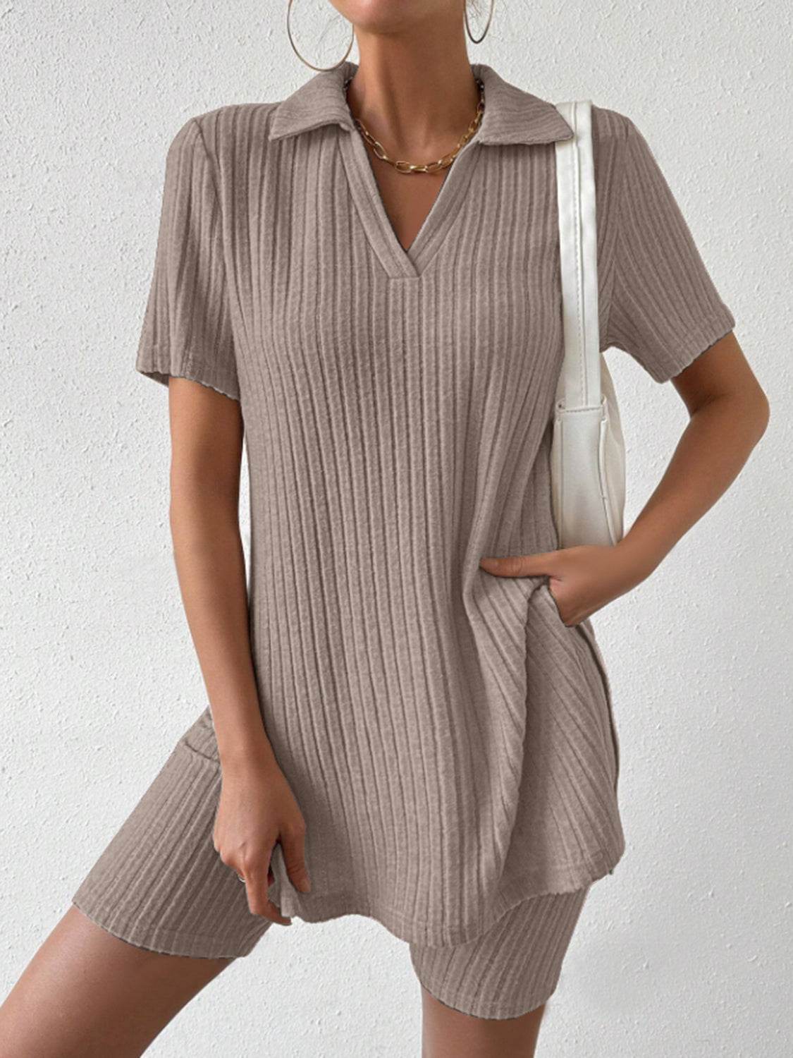 Johnny Collar Short Sleeve Top and Shorts Set - DaTrendStore.Com