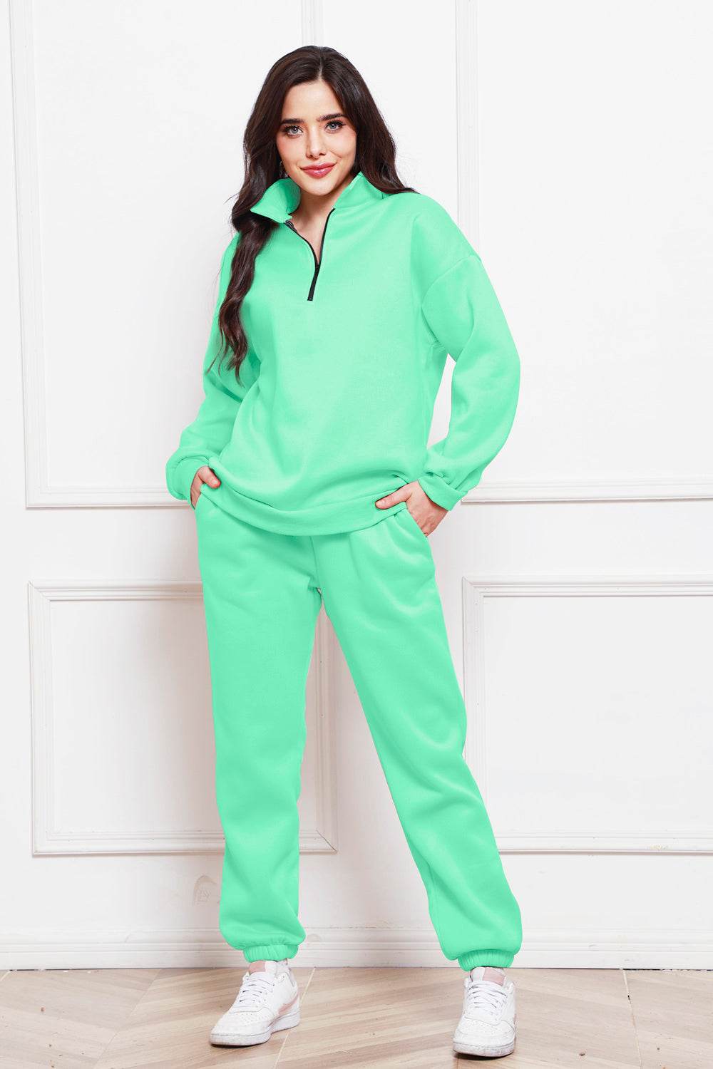 Half Zip Long Sleeve Sweatshirt and Pants Set - DaTrendStore.Com