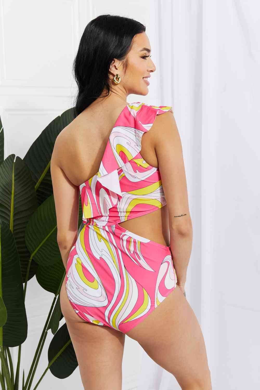 Marina West Swim Vitamin C Asymmetric Cutout Ruffle Swimsuit in Pink - DaTrendStore.Com